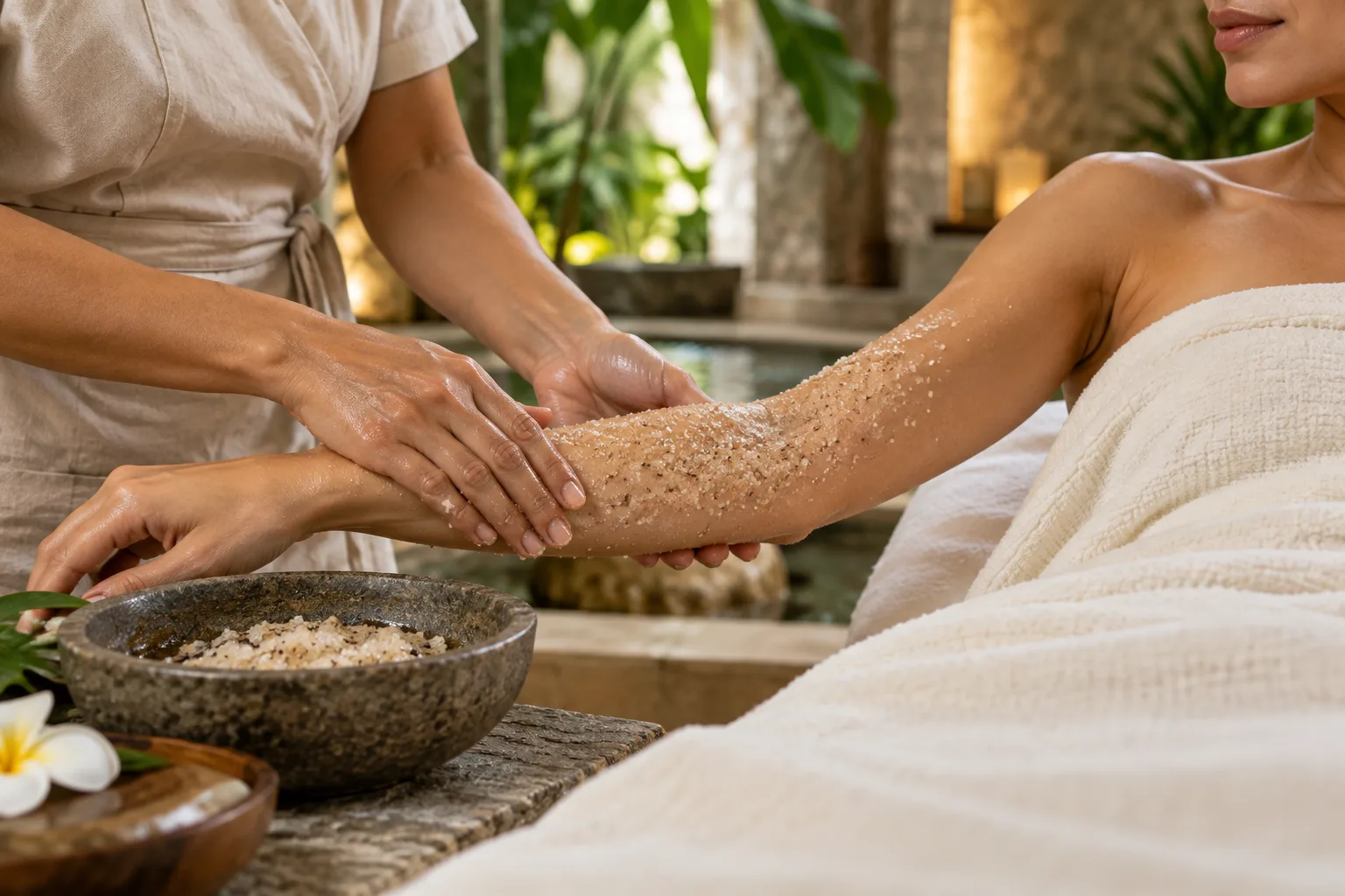 Granular body scrub applied as part of a massage and scrub package